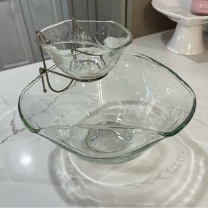 Vintage MCM Indiana Glass 3 Piece Chip & Dip Set Clear Glass W Wheat Pattern